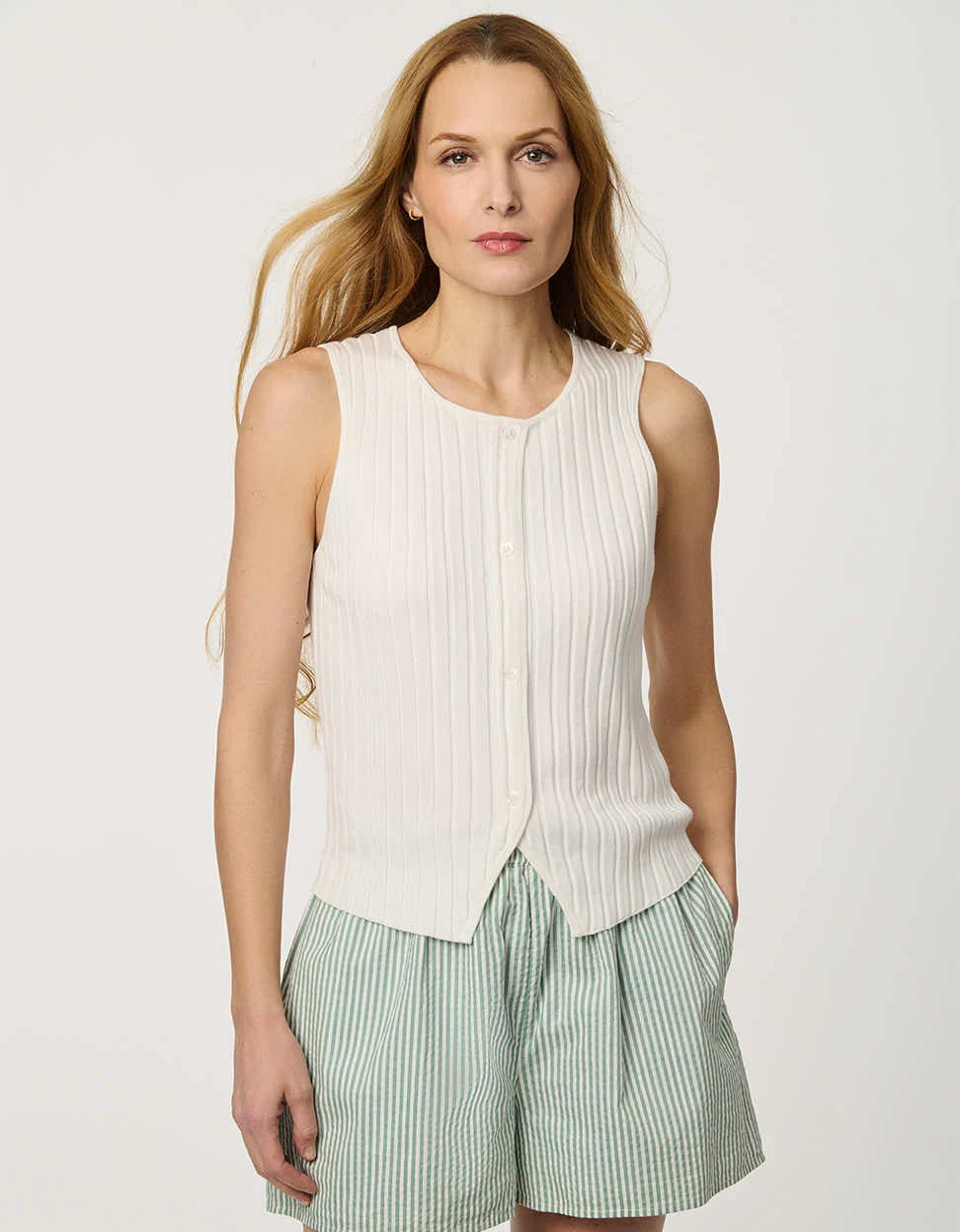 Ribbed Button-Front Knit Top